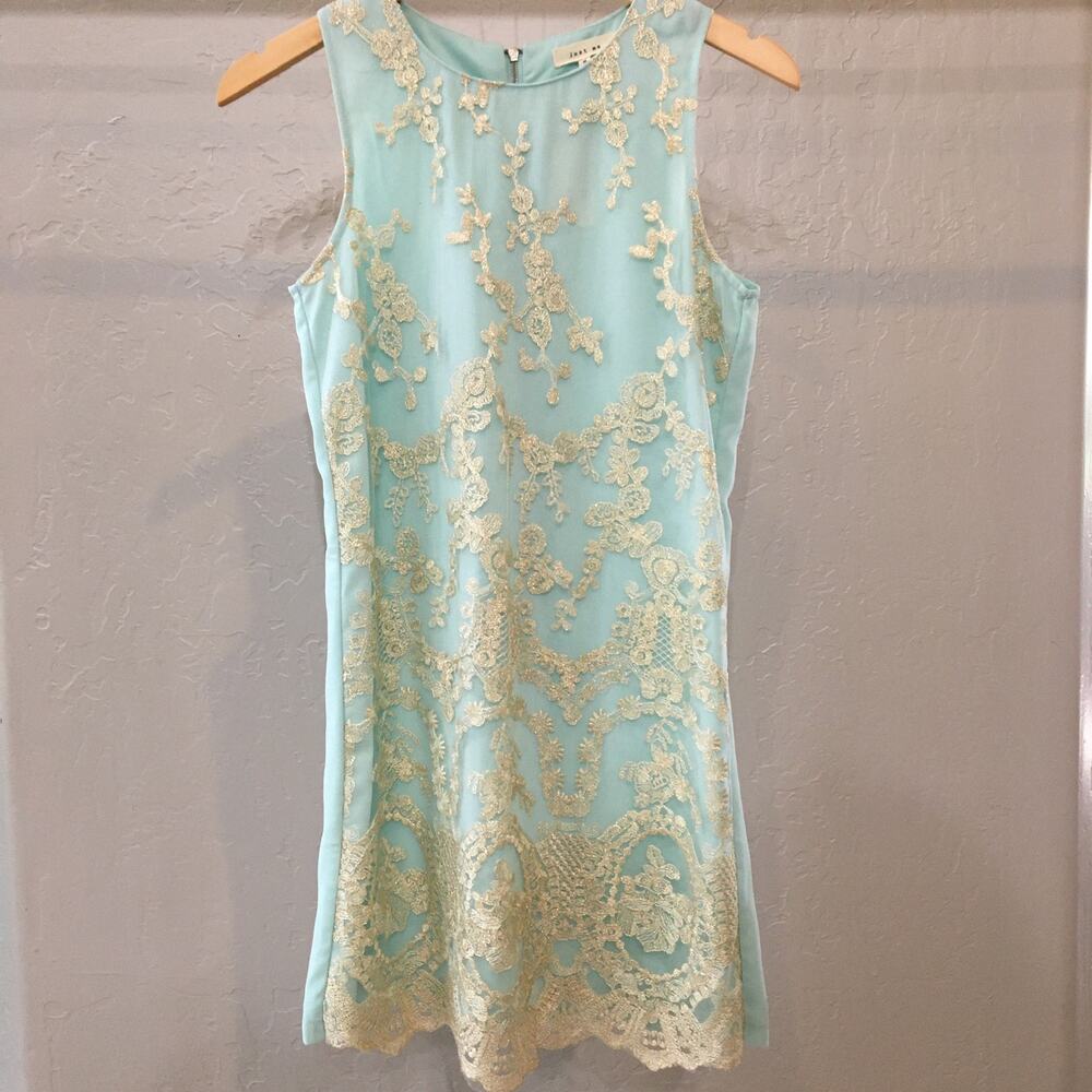 Just Me Boutique Women's Size S Dress Sheath Gold Lace Overlay Mint Green